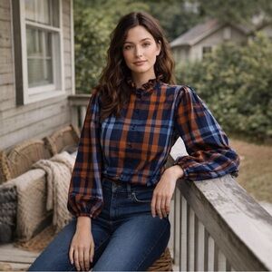 Biltmore Plaid Ruffle Mock Neck Puff Sleeve Blouse Preppy Cottagecore Size M